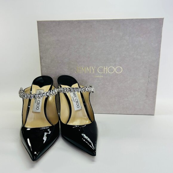 Jimmy Choo Shoes - Jimmy Choo Bing 100 Size 37 Black Patent Leather Mule w/ Crystal Strap Heel